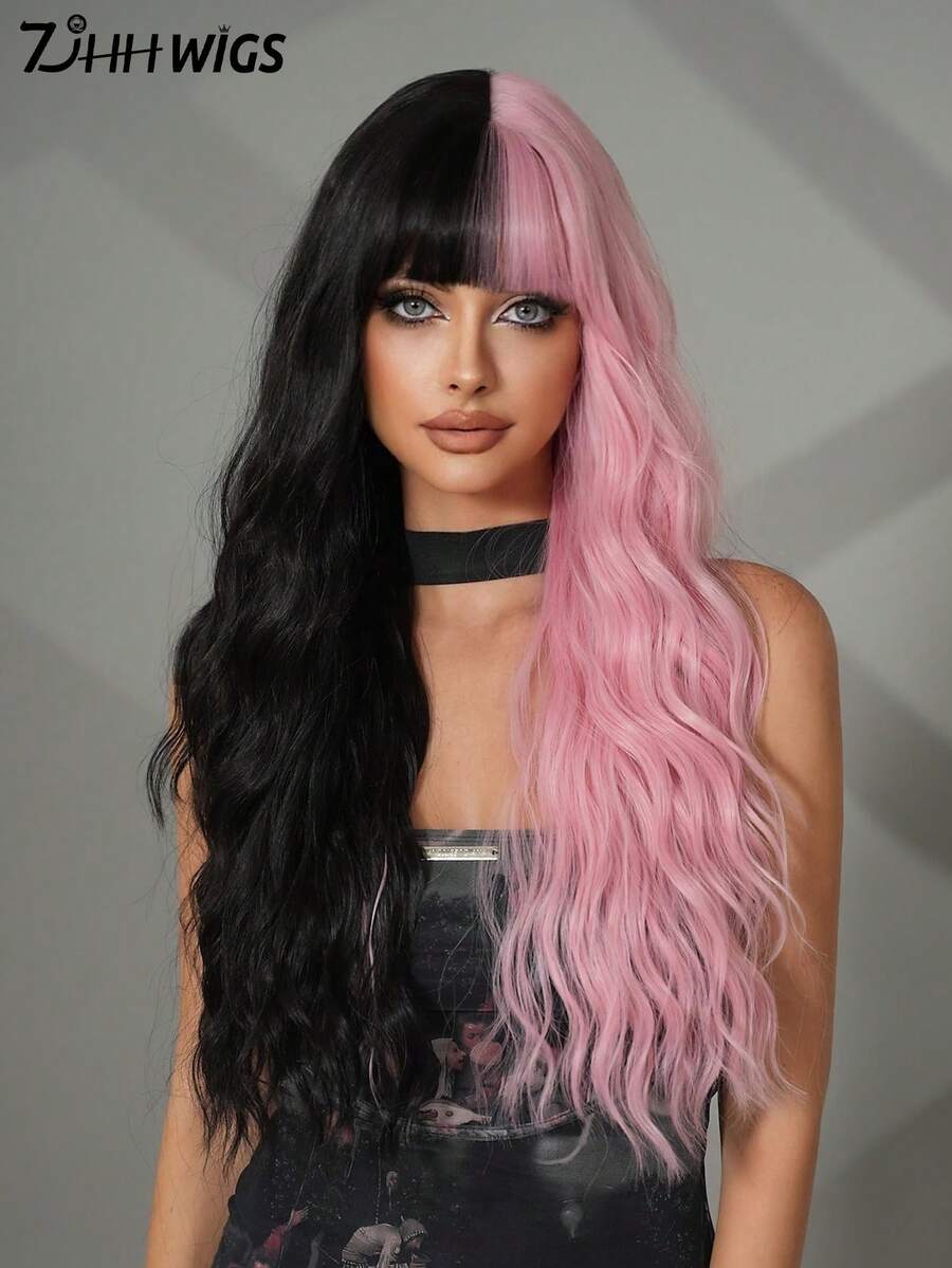 7JHH WIGS Stylish Half Black Half Pink Wigs Extra Long Wavy Wig With Bangs, High Density Heat-Resistant Fiber Hair, Fluffy Natural Synthetic Wave Curly Wigs For Women Halloween Party Use 28 Inch Cosplay Costume Wig Accessories - 拼色 - 查看 1