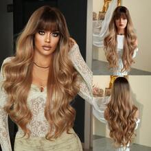 7JHH WIGS Champagne Blonde Ombre Wigs Loose Extra Long Wavy Wigs For Women, Synthetic Wave Curly Wig With Bangs Dark Roots, Silky Soft Heat Resistant Fiber Hair For Daily Wear, Music Festivals Celebrations Party Use 30 Inch - 亞麻金 - 查看 10