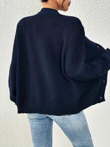 Women's Sweater - Simple Casual Front Button Design Soft Cardigan, Emerald Green Casual Fashion Sweater Ribbed Knitted, A Must-Have For All Seasons, Loose And Comfortable Fabric Long-Sleeved Top, V-Neck Design Front Button Breathable Material, Elegant Style For Daily Office Wear - 藍色 - 查看 2