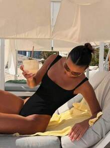 1pc Women's Black Spaghetti Strap Twist Front One-Piece Swimsuit - Black - View 2