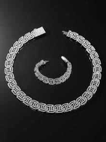 1 Set Men's Hip Hop Style Classic Full Rhinestone H-Shape Link Chain Necklace & Bracelet Set - Style a - View 2