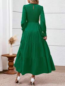 Women's Long Sleeve Maxi Dresses Fall Casual Smocked Trim Neck Swiss Dot Tiered Flowy Wedding Guest Dress - 深綠 - 查看 5