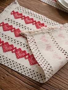 1pc New European And American Style Multiple Red Heart Holiday Party Valentine's Day Geometric Tassel Table Runner, Dining Table Runner, Home Decor, Photoshoot Background Cloth, Multi-Color European And American Style Table Runner - Red - View 10
