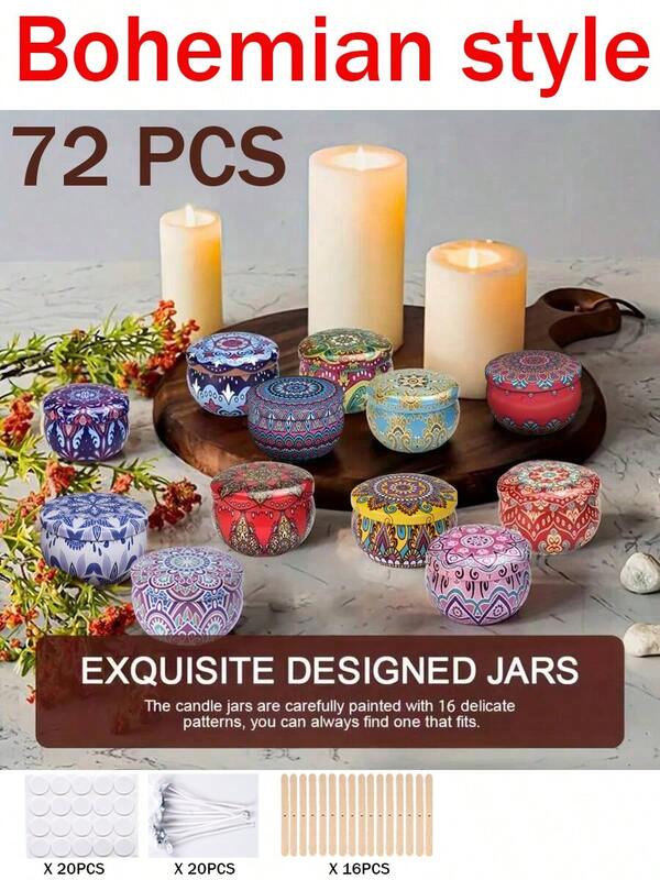72 piezas, juego de frascos de metal con estilo bohemio con kit de herramientas para hacer velas, juego de herramientas para hacer velas, 2.5 onzas, con tapa de metal - contenedor vacío elegante y portátil, perfecto para hacer velas DIY y almacenamiento, un regalo ideal para Pascua, Acción de Gracias y Navidad, ¡materiales para hacer velas! Incluye 16 frascos de vela vacíos, 16 soportes, 20 mechas de vela y 20 pegatinas