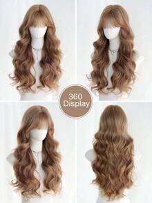 7JHH WIGS Stylish Rose Quartz Golden Wigs Extra Long Wavy Wig With Bangs, High Density Heat-Resistant Fiber Hair, Fluffy Natural Synthetic Wigs For Women Daily Party Use 28 Inch Beginners Glueless Wig Accessories - 粉色 - 查看 5