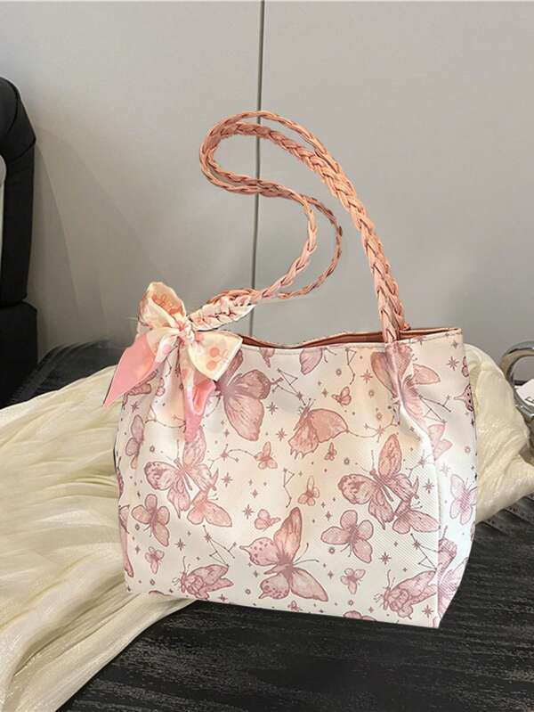 Bolso de tela estilo universitario casual con decoración minimalista de mariposa, bolso de hombro, colocación aleatoria de mariposas (color/patrón de pañuelo aleatorio)