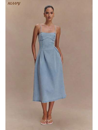 2025  Summer New Women's Denim Dress - Strapless, Solid Color, Sleeveless, Camisole Style