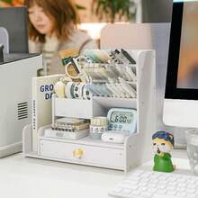 Organizador de escritorio con cajones diseño inclinado para marcadores acuarelas gran capacidad almacenaje accesorios oficina estudio material escolar - Blanco - Ver 10