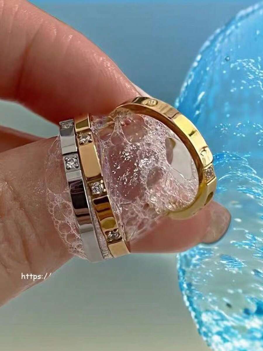 1 Peça Anel de Casal Fashionable em Aço Inoxidável, Joias Douradas e Prateadas, Anéis de Noivado Quadrados Brilhantes de Zircônia Cúbica, Acessórios de Casamento e Noivado