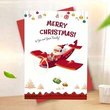1 buc., Felicitare festivă de Crăciun cu avionul lui Moș Crăciun, Design de desene animate, Hârtie, Felicitare personalizată pentru prieteni, familie și cei dragi, Ideală pentru invitații și urări de sărbători, Sezonul Crăciunului