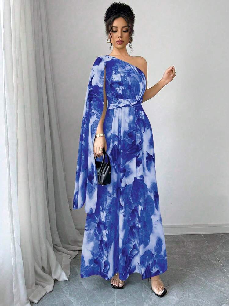 Vestido estampado feminino com ombros à mostra e cintura marcada, ideal para encontros, festas, etc. - Azul - Visão 5