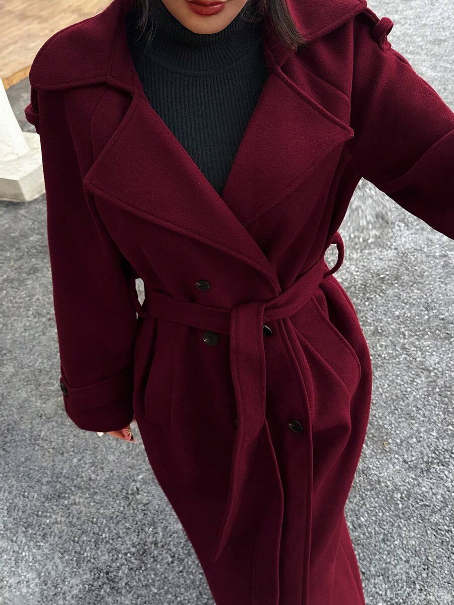 DEEKA Autumn/Winter New Women's Fashion Classic Double-Breasted Trench Coat, Burgundy Wool Coat - Burgundy - View 1