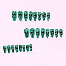 Halloween Press On Nails Long Almond Gradient Aqua Green Halloween Fake Nails Black Skeleton False Nail Horrible Goth Nails Press Ons For Women Nail Art DIY 24Pcs,17114483 - Cà phê nâu - Xem 2