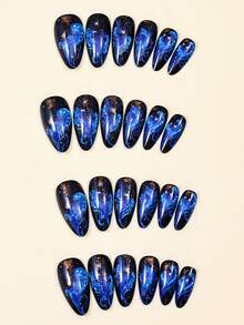 24 件蓝色星空渐变杏仁指甲按压式指甲和 1 个指甲锉条 + 1 片果冻胶指甲用品指甲 - 藍色 - 查看 3