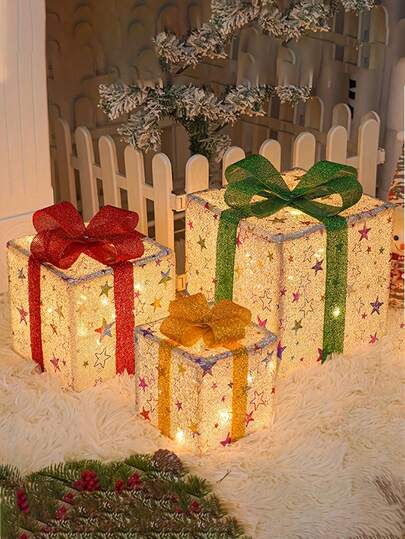 1套新款圣诞礼盒三件套折叠发光灯串情人节道具礼盒装饰摆件房间布置灯笼装饰装饰灯圣诞礼盒灯多种图案颜色漂亮