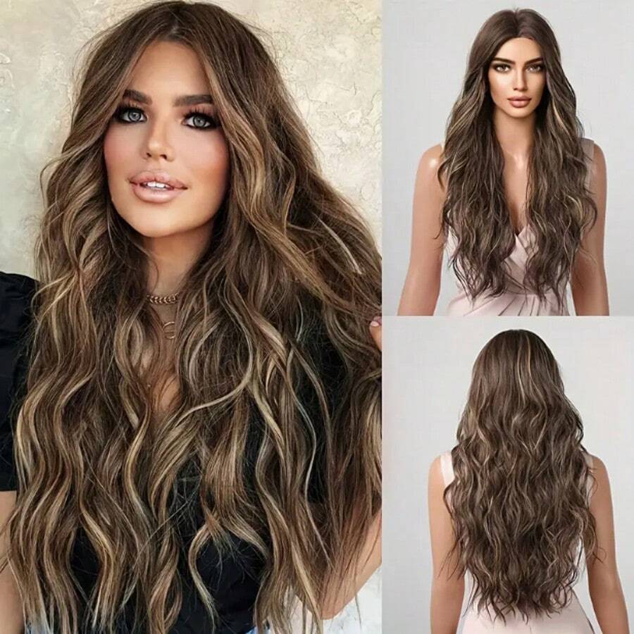 30 Inch Long Body Wave Wig | Brown With Blonde Highlights | Heat-Resistant Synthetic Hair | Chic Elegant Waves For Women | Versatile For Daily Glam & Special Occasions - Màu nâu ombre - Xem 1
