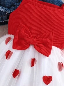 Conjunto versátil y lindo de 2 piezas para niñas bebés: chaqueta de mezclilla con corazón y vestido de tul con moño, para primavera/verano - Rojo - Ver 7