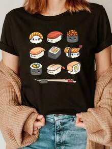 Ladies' T-shirt autumn outfit, sushi, casual party outfit - Autumn daily wear - Retro style Halloween T-shirt, holiday outfit, 180g pure cotton, high-quality printed short sleeved top, a must-have for Halloween shopping - Negro - Ver 1