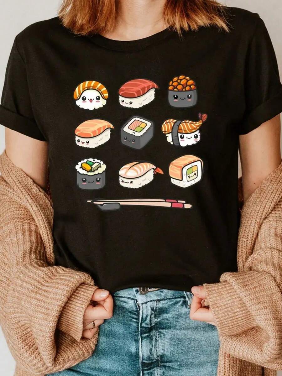 Ladies' T-shirt autumn outfit, sushi, casual party outfit - Autumn daily wear - Retro style Halloween T-shirt, holiday outfit, 180g pure cotton, high-quality printed short sleeved top, a must-have for Halloween shopping - Negro - Ver 1