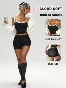 FWH 极简功能性运动文胸，带可拆卸胸垫 + 高腰短裤，无缝面料，适合健身/街头穿着，X型后背带，四向弹力，压缩腰带，两件套 - 彩色 - 查看 2