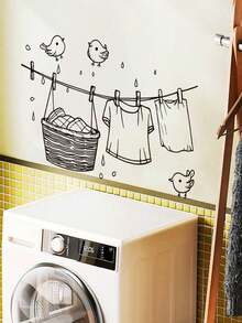 1 件可爱小鸟晾衣绳墙贴，可移除装饰，适用于浴室、洗衣房、卧室墙贴，房间装饰墙贴，墙壁装饰贴纸，家居装饰