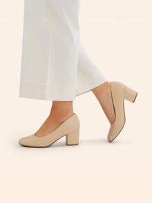 Women's Pumps Low Chunky Block Heel Dress Shoes Closed Round Toe Comfortable Heels - 杏色 - 查看 10
