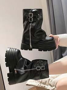 Punk 10cm Platform Tube Boots, New 2025 Women Short Boots, Small Size Heighten Cylinder Boots, British Style - Black - View 8