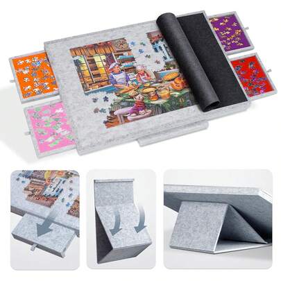 Mesa de quebra-cabeça com suporte/bandeja ajustável integrado, ângulo de inclinação, tapete de quebra-cabeça de feltro super leve, com capa e 4 gavetas de classificação (pode conter 500 peças de quebra-cabeça)