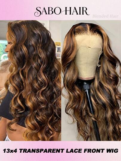 蜜金色 13x4 高清透明蕾丝前假发，真人混纺发丝，4/27 色号，波浪卷发蕾丝前假发，200% 密度，时尚色彩，无胶前额假发，自由分缝，逼真自然，22 英寸