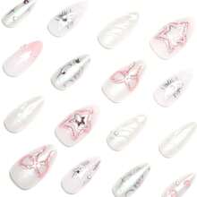 French Tip Press On Nails Medium Almond Star Bow Flower Fake Nails With Rhinestone Designs Pink Glitter Stars Bows False Nails Full Cover Artificial Glue On Nails Handmade Stick On Nails For Women,17114396 - 淺灰色 - 查看 5