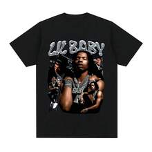 Camiseta de rapero de hip hop Lil Baby, camiseta gráfica vintage para hombres, camiseta de algodón de gran tamaño, casual de manga corta, camisetas de gran tamaño, ropa de calle - Negro - Ver 1