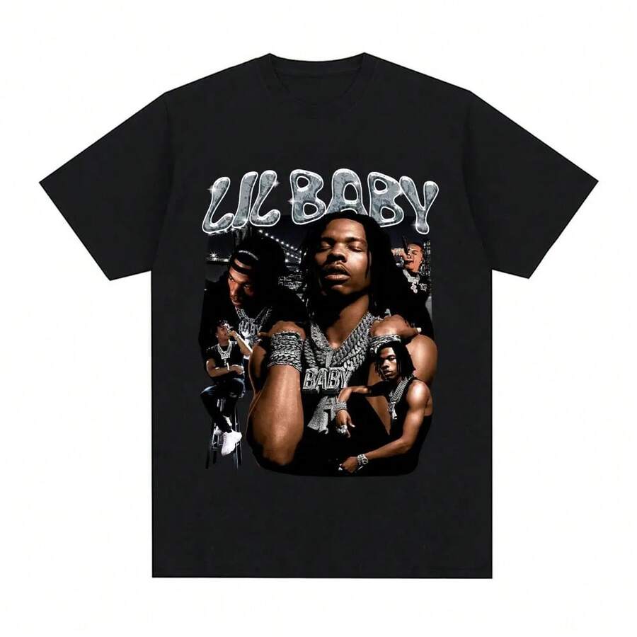 Camiseta de rapero de hip hop Lil Baby, camiseta gráfica vintage para hombres, camiseta de algodón de gran tamaño, casual de manga corta, camisetas de gran tamaño, ropa de calle - Negro - Ver 1