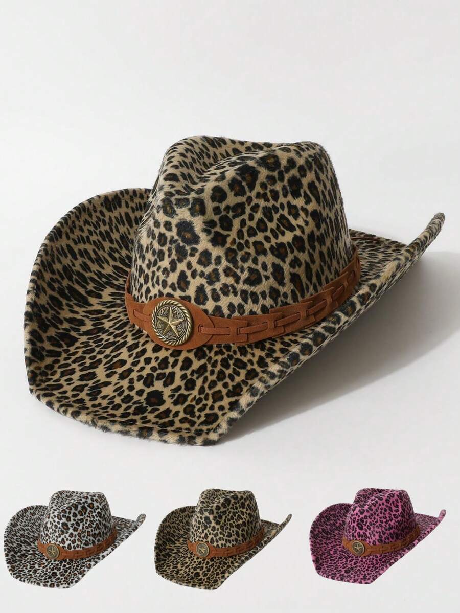 1pc Women's Leopard Print Denim Panama Hat, Suitable For Cowboy Themed Events, Festivals, Birthdays, Cosplay, Outdoor Activities, Daily Wear