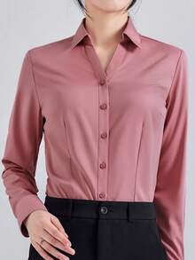 女士V领短袖粉色商务衬衫，适合春季工作场合的职业正装 - 粉色 - 查看 2