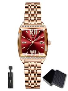 POEDAGAR 1pc Women's Rose Gold Stainless Steel Elegant Quartz Watch, Rhinestone Encrusted Barrel-Shaped Dial, Luxury Waterproof Date Display Wristwatch, Fashion Ladies Watch, Suitable For Daily Wear, Women's Gift - Rose Gold - View 17