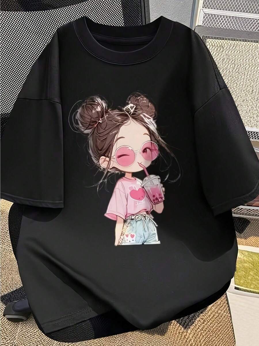 100% Cartoon Cute Printed Short Sleeve Round Neck T-Shirt, Summer New, Loose Fit, For Women - Black - View 1