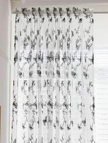 半件装中式黑蝴蝶薄纱窗帘，透明，适用于阳台、客厅窗户