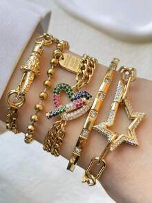 STYLEVER 1 chiếc vòng tay khóa đôi mạ vàng, dây đôi hình trái tim đính kim cương nhiều màu sắc, vòng tay kim cương trắng quyến rũ, dây thép không gỉ, thích hợp cho các dịp lễ hội và đeo hàng ngày. - Vàng - Xem 1