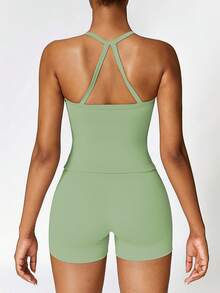 2 PCS Set Women's Sports Suit Vest Fitness Suit Tight Running Vest And Shorts Set High Stretch Fitness Yoga Top Tank Home Casual Comfortable Skin Friendly Suit - màu xanh lá - Xem 4