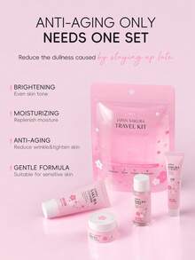 1 Moisturizing And Brightening LAIKOU Japanese Sakura Skincare Set (Headband + 17ml Sakura Essence + 15ml Sakura Eye Serum + 4-Piece Sakura Travel Kit + 30g Sakura Sunscreen + Telephone Cord Hair Tie + Ins Style Gift Bag (Pink Ribbon) + 100ml Japanese Sakura Toner + 15g Sakura Eye Cream + 25g Sakura Moisturizing Mask)