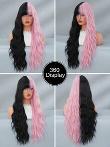 7JHH WIGS Stylish Half Black Half Pink Wigs Extra Long Wavy Wig With Bangs, High Density Heat-Resistant Fiber Hair, Fluffy Natural Synthetic Wave Curly Wigs For Women Halloween Party Use 28 Inch Cosplay Costume Wig Accessories - 拼色 - 查看 5