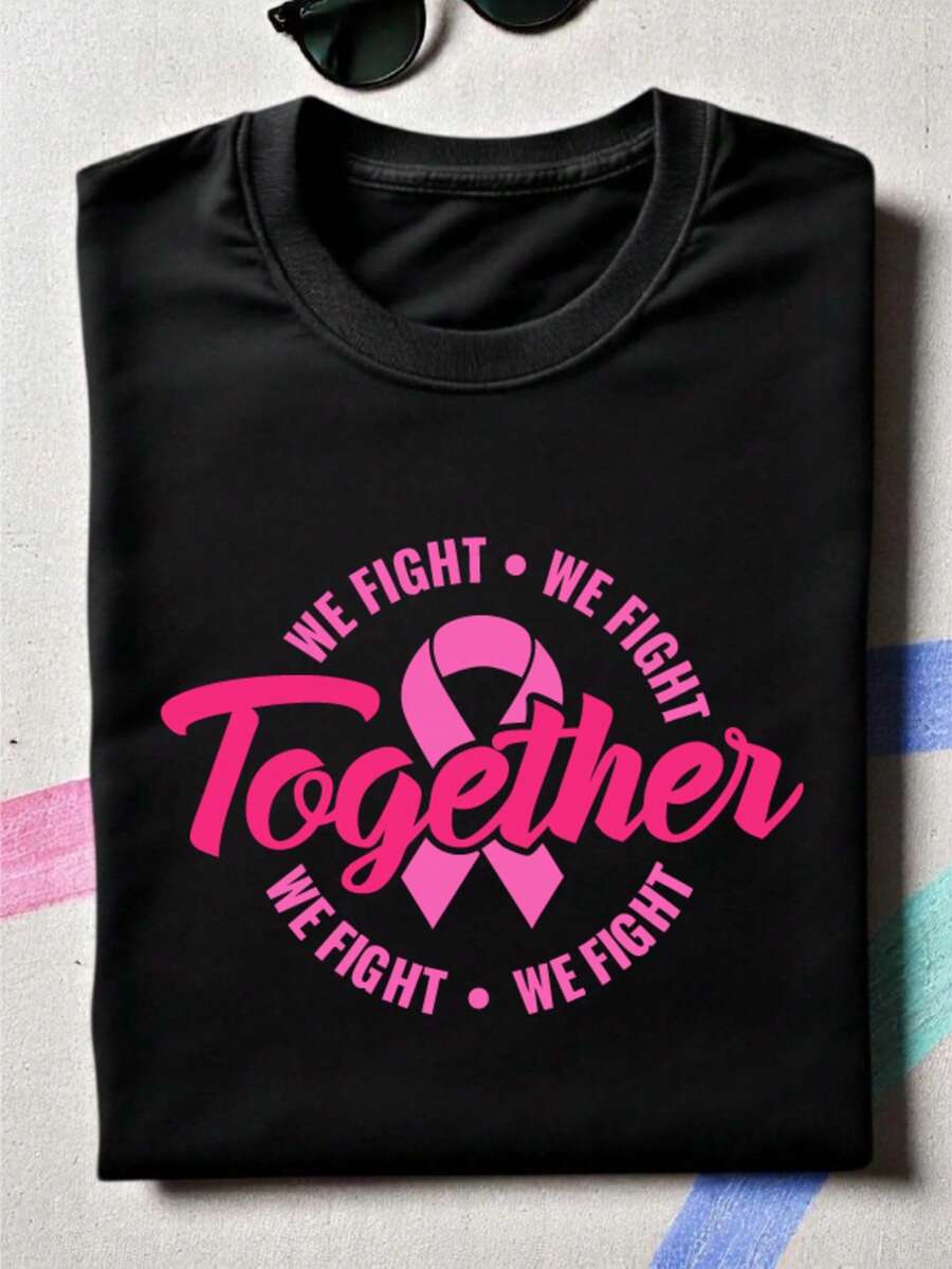 We Fight Together Shirt, Pink Ribbon Shirts, Breast Cancer T-Shirt, Cancer Awareness Tee, Breast Cancer Support Squad Matching Tees, Cancer Fighter Outfit. MJ-260 - Black - View 1