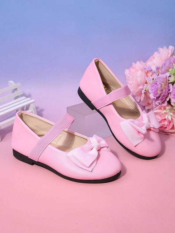 1 Pair Girls' Mary Jane Flat Shoes With Pink Bow Decor - Comfortable & Fashionable, Suitable For Everyday Wear