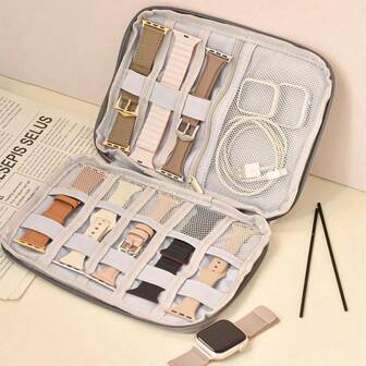 1 件尼龙表带收纳盒表带数据线旅行便携式收纳包智能手表腕带收纳袋盒多功能手表收纳盒兼容 Apple 表带、耳机、数据线充电器、珠宝、化妆品其他配件包盒