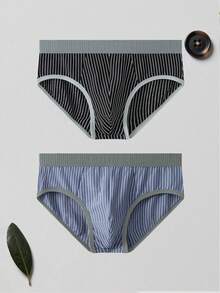 2PCS Men's Briefs With Fashionable Stripes Simple Style Men's Casual Sports Basic Underwear Mid Waist Cotton Soft And Comfortable Men's Triangle Underwear