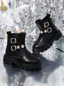 A Pair Of Children's Boots For Boys And Girls, 2025 New Spring And Autumn Style, Fashionable Boots, Stylish Leather Boots, Single Lining Short Boots, Suitable For All Seasons. - 黑色 - 查看 6