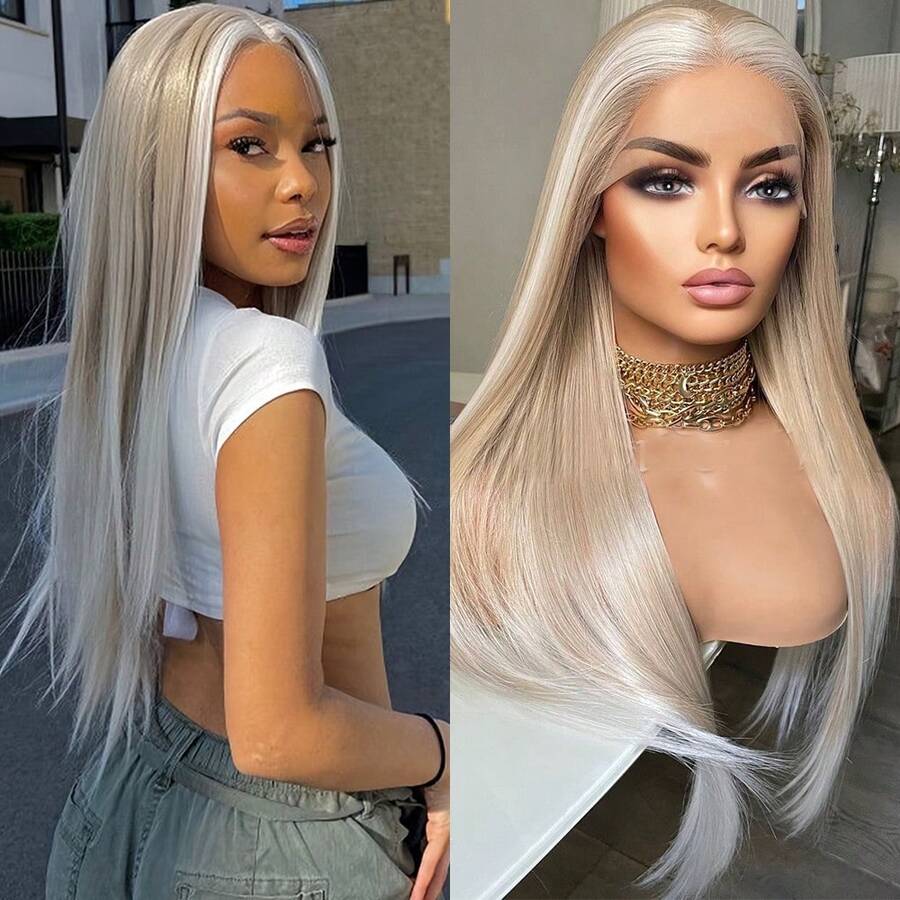 13X4 Purple Hair Synthetic Lace Front Wigs 26 Inch Pre Plucked Long Straight Hair Wigs 13X4 HD Lace Wigs Glueless Dark Purple Colored Wigs Heat Resistant Halloween Wigs Deep Purple Long Silky Straight Lace Front Wigs For Fashion Women For Daily Christmas Party Cosplay Use - Điểm nhấn màu trắng - Xem 1