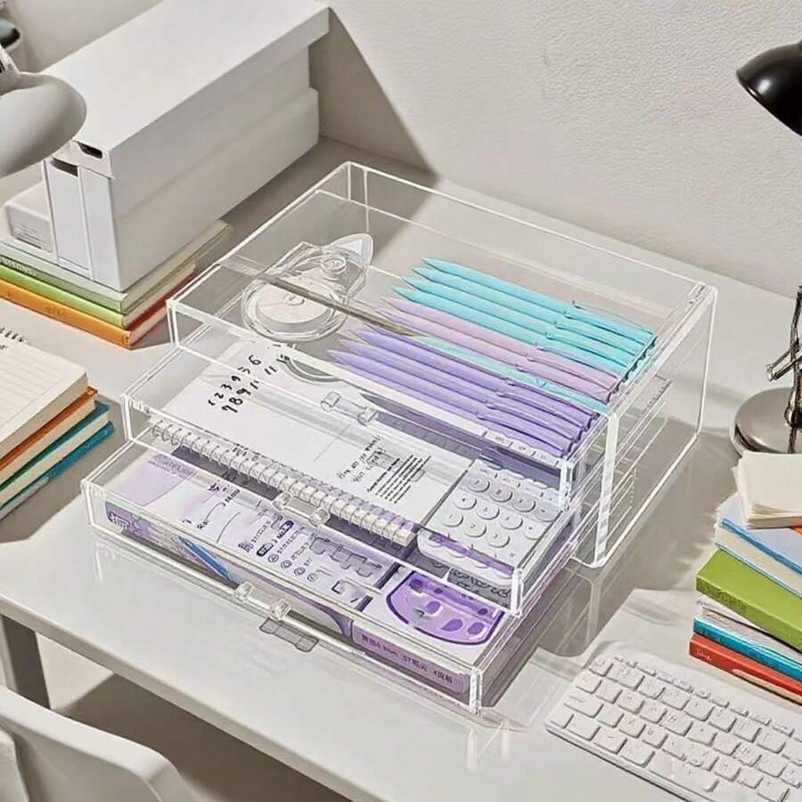 1 Peça Caixa de Armazenamento de Joias Portátil de Acrílico Transparente com 3 Camadas Empilháveis e Tampa, Estojo de Exibição para Mesa com Gavetas para Guardar Anéis, Brincos, Colares, Pulseiras, Relógios, Canetas, Marcadores, Peças Pequenas