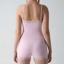 Lace Bodysuit Set – Spaghetti Strap V-Cut And Shorts Style, Soft Stretch Fabric, Pink & Black - 平克B - 查看 2