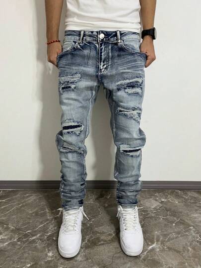 Jeans de mezclilla elástica con efecto desgastado y ajuste delgado para hombres, jeans pitillo con lavado diferencial, estilo personalizado, de tela de algodón con bolsillos laterales, versátil